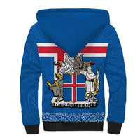 Blue sherpa hoodie back with Iceland flag crest and animal figures graphic