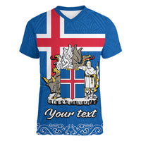 Personalised Iceland Women V Neck T Shirt Icelandic Coat Of Arms and Flag - Wonder Print Shop