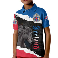 Kid's polo shirt with horse and Iceland flag graphic, blue collar and short sleeves