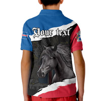 Kid's polo shirt back with large horse portrait, Iceland flag patch, and text banner