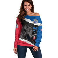 Personalised Icelandic Horse Off Shoulder Sweater Icelandic Coat of Arm - Black - Wonder Print Shop