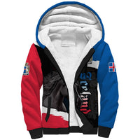 Sherpa hoodie with black zip, white fleece lining, and red/blue sleeve panels