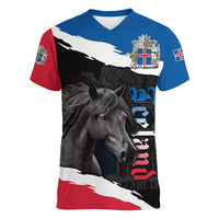Personalised Icelandic Horse Women V Neck T Shirt Icelandic Coat of Arm - Black - Wonder Print Shop