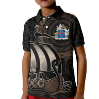 Kids black polo shirt with Viking ship graphic and shield crest on chest