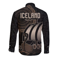 Viking Iceland Coat Of Arms Long Sleeve Button Shirt Viking Norman Ship Crossing The Sea - Wonder Print Shop