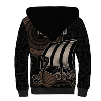 Black sherpa hoodie back view with hood and Viking ship graphic across shoulders