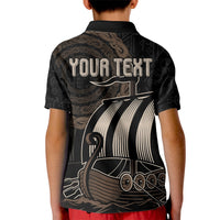 Kids black polo shirt with YOUR TEXT and Viking ship sail graphic