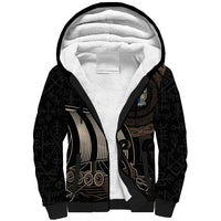 Black sherpa-lined hoodie jacket with full hood and Viking ship graphic on sleeves