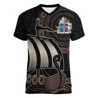 Personalised Viking Iceland Women V Neck T Shirt Norman Ship with Coat Of Arms Crossing The Sea - Wonder Print Shop