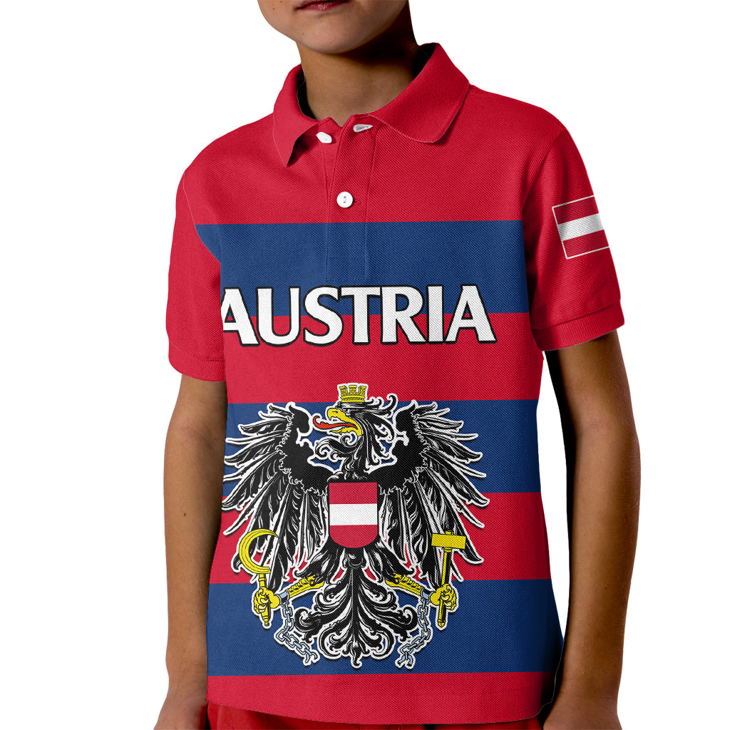 custom-text-and-number-austria-kid-polo-shirt-austrian-coat-of-arms-minimalist-red-style