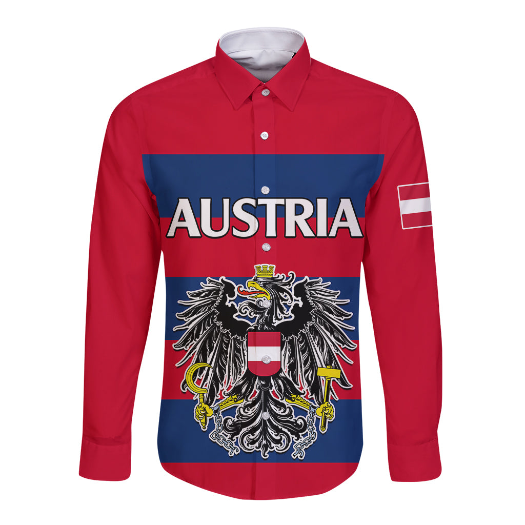 custom-text-and-number-austria-long-sleeve-button-shirt-austrian-coat-of-arms-minimalist-red-style