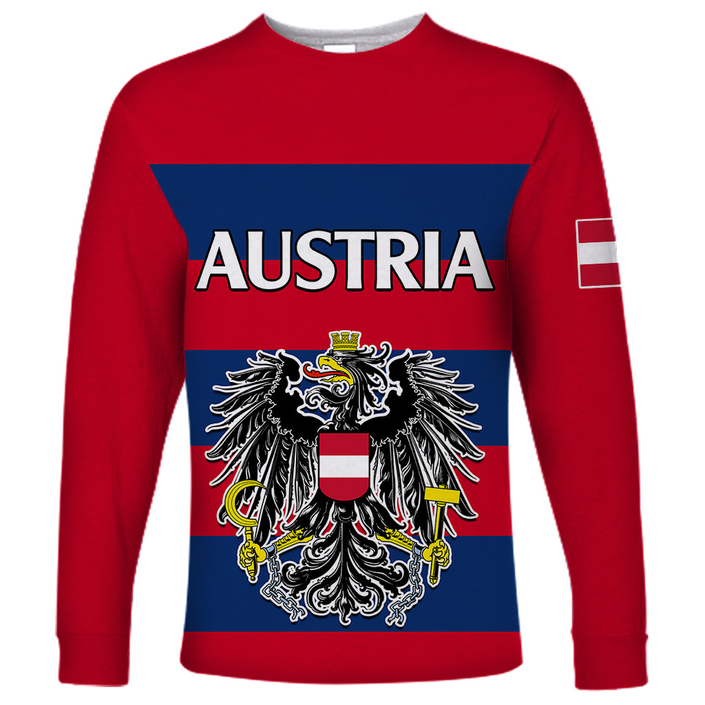 custom-text-and-number-austria-long-sleeve-shirt-austrian-coat-of-arms-minimalist-red-style