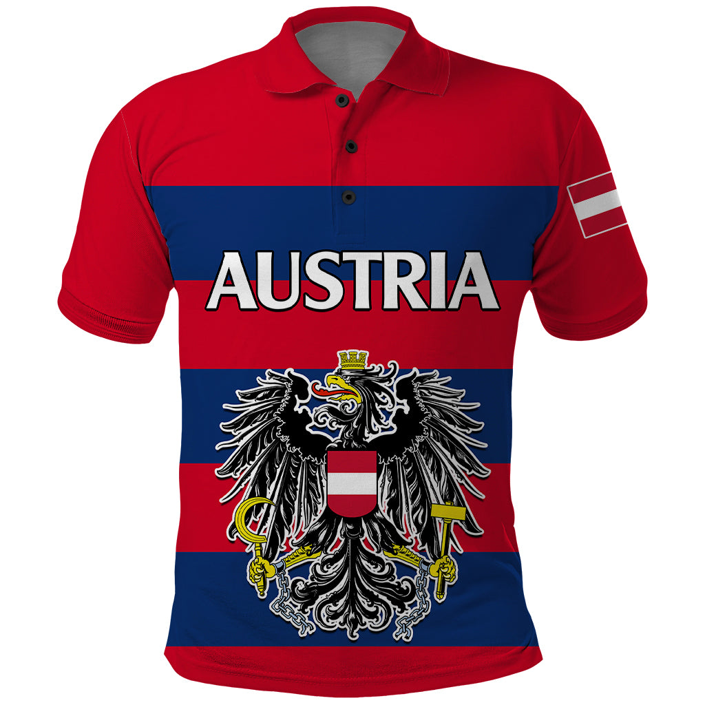 custom-text-and-number-austria-polo-shirt-austrian-coat-of-arms-minimalist-red-style