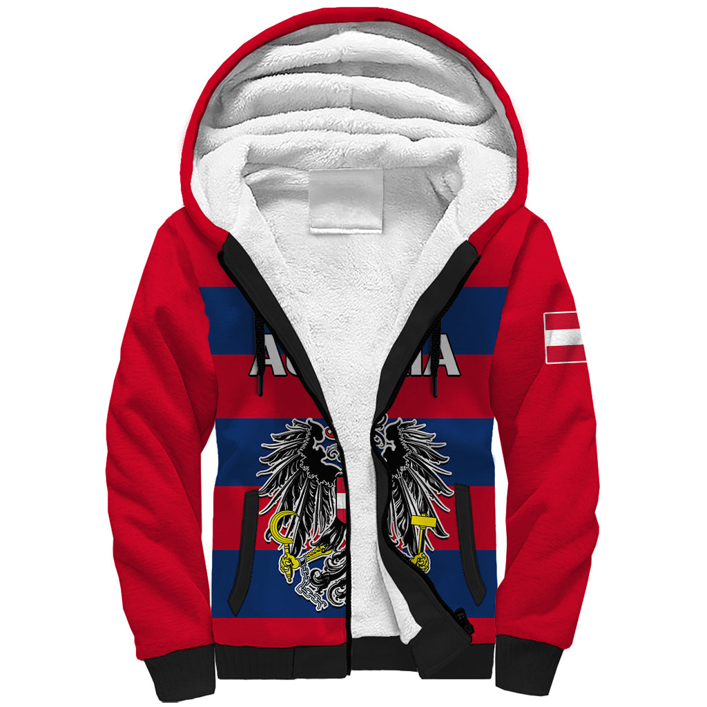 custom-text-and-number-austria-sherpa-hoodie-austrian-coat-of-arms-minimalist-red-style