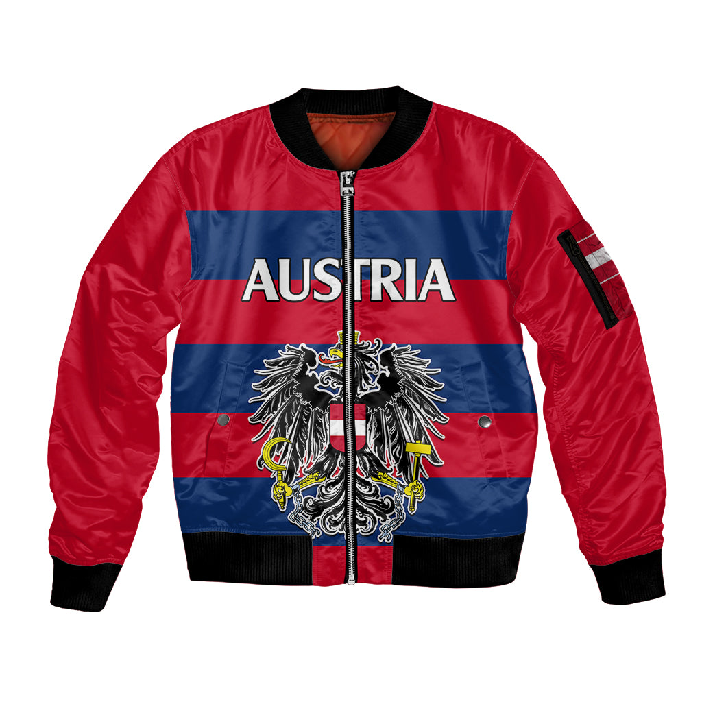 custom-text-and-number-austria-sleeve-zip-bomber-jacket-austrian-coat-of-arms-minimalist-red-style