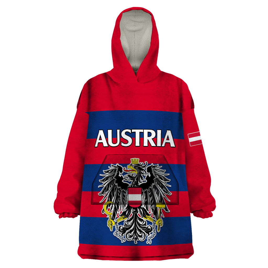 custom-text-and-number-austria-wearable-blanket-hoodie-austrian-coat-of-arms-minimalist-red-style
