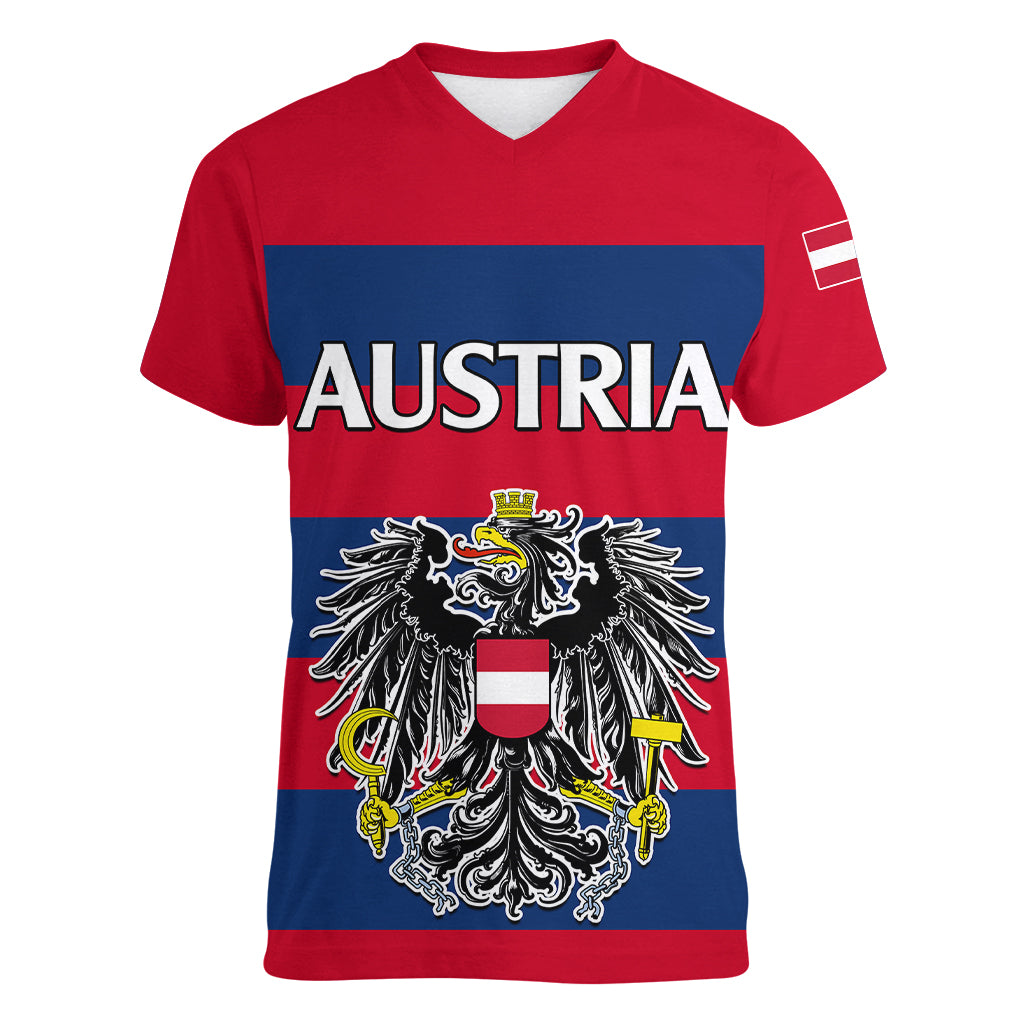 custom-text-and-number-austria-women-v-neck-t-shirt-austrian-coat-of-arms-minimalist-red-style