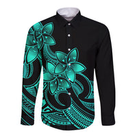 Polynesian Pride Plumeria Flowers Long Sleeve Button Shirt Polynesian Tribal Aqua Vibe - Wonder Print Shop