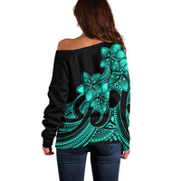 Polynesian Pride Plumeria Flowers Off Shoulder Sweater Polynesian Tribal Aqua Vibe - Wonder Print Shop