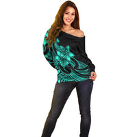 Polynesian Pride Plumeria Flowers Off Shoulder Sweater Polynesian Tribal Aqua Vibe - Wonder Print Shop