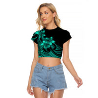 Polynesian Pride Plumeria Flowers Raglan Cropped T Shirt Polynesian Tribal Aqua Vibe - Wonder Print Shop