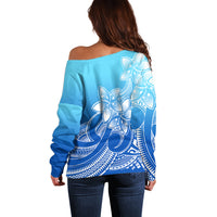 Polynesian Pride Plumeria Flowers Off Shoulder Sweater Polynesian Tribal Gradient Blue - Wonder Print Shop