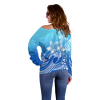 Polynesian Pride Plumeria Flowers Off Shoulder Sweater Polynesian Tribal Gradient Blue - Wonder Print Shop