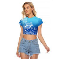 Polynesian Pride Plumeria Flowers Raglan Cropped T Shirt Polynesian Tribal Gradient Blue - Wonder Print Shop