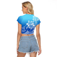 Polynesian Pride Plumeria Flowers Raglan Cropped T Shirt Polynesian Tribal Gradient Blue - Wonder Print Shop