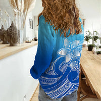 Polynesian Pride Plumeria Flowers Women Casual Shirt Polynesian Tribal Gradient Blue - Wonder Print Shop