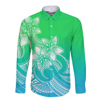 Polynesian Pride Plumeria Flowers Long Sleeve Button Shirt Polynesian Tribal Gradient Green - Wonder Print Shop