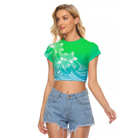Polynesian Pride Plumeria Flowers Raglan Cropped T Shirt Polynesian Tribal Gradient Green - Wonder Print Shop