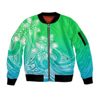 Polynesian Pride Plumeria Flowers Sleeve Zip Bomber Jacket Polynesian Tribal Gradient Green - Wonder Print Shop