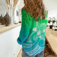 Polynesian Pride Plumeria Flowers Women Casual Shirt Polynesian Tribal Gradient Green - Wonder Print Shop