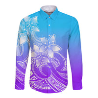 Polynesian Pride Plumeria Flowers Long Sleeve Button Shirt Polynesian Tribal Gradient Purple - Wonder Print Shop