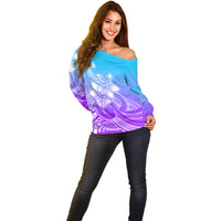 Polynesian Pride Plumeria Flowers Off Shoulder Sweater Polynesian Tribal Gradient Purple - Wonder Print Shop