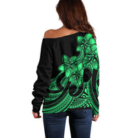 Polynesian Pride Plumeria Flowers Off Shoulder Sweater Polynesian Tribal Green Vibe - Wonder Print Shop