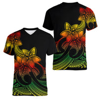 Polynesian Pride Plumeria Flowers Women V Neck T Shirt Polynesian Tribal Reggae Vibe - Wonder Print Shop