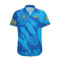 Women's blue Sweden football Hawaiian shirt, button front, Sweden crest and floral graphics