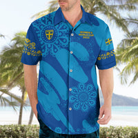 Women's blue button-up football Hawaiian shirt with Sweden crest, short sleeves and collar