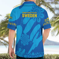 Women's blue Sweden football Hawaiian shirt, 'SWEDEN' text on back, short sleeves
