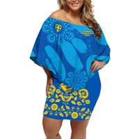 Blue off-shoulder short dress with yellow floral print and shield graphic, front view