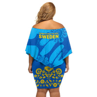 Blue off-shoulder short dress with yellow floral print and 'SWEDEN' back text