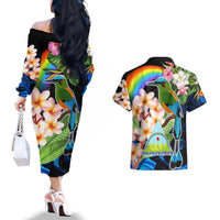 Personalised Nicaragua Couples Matching Off The Shoulder Long Sleeve Dress and Hawaiian Shirt Guardabarranco and Beauty Sacuanjoche Sprit LT9 - Wonder Print Shop