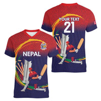 Custom Cricket Nepal East Asia-Pacific Women V-Neck T-Shirt Nepal Cricket Crown Quest - Wonder Print Shop