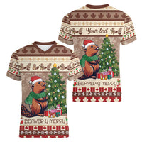 Personalized Beaver-y Merry Women V-Neck T-Shirt Canada Merry Christmas Beavers - Wonder Print Shop