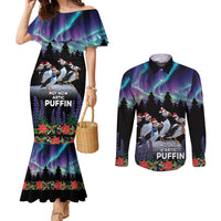 Personalized Not Now Arctic Puffin Couples Matching Mermaid Dress and Long Sleeve Button Shirt Icelandic Christmas with Northern Lights