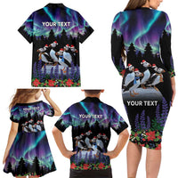 Personalized Not Now Arctic Puffin Family Matching Long Sleeve Bodycon Dress and Hawaiian Shirt Icelandic Christmas with Northern Lights LT9 - Wonder Print Shop