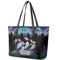 Personalized Not Now Arctic Puffin Leather Tote Bag Icelandic Christmas with Northern Lights - Wonder Print Shop