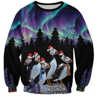 Personalized Not Now Arctic Puffin Sweatshirt Icelandic Christmas with Northern Lights - Wonder Print Shop